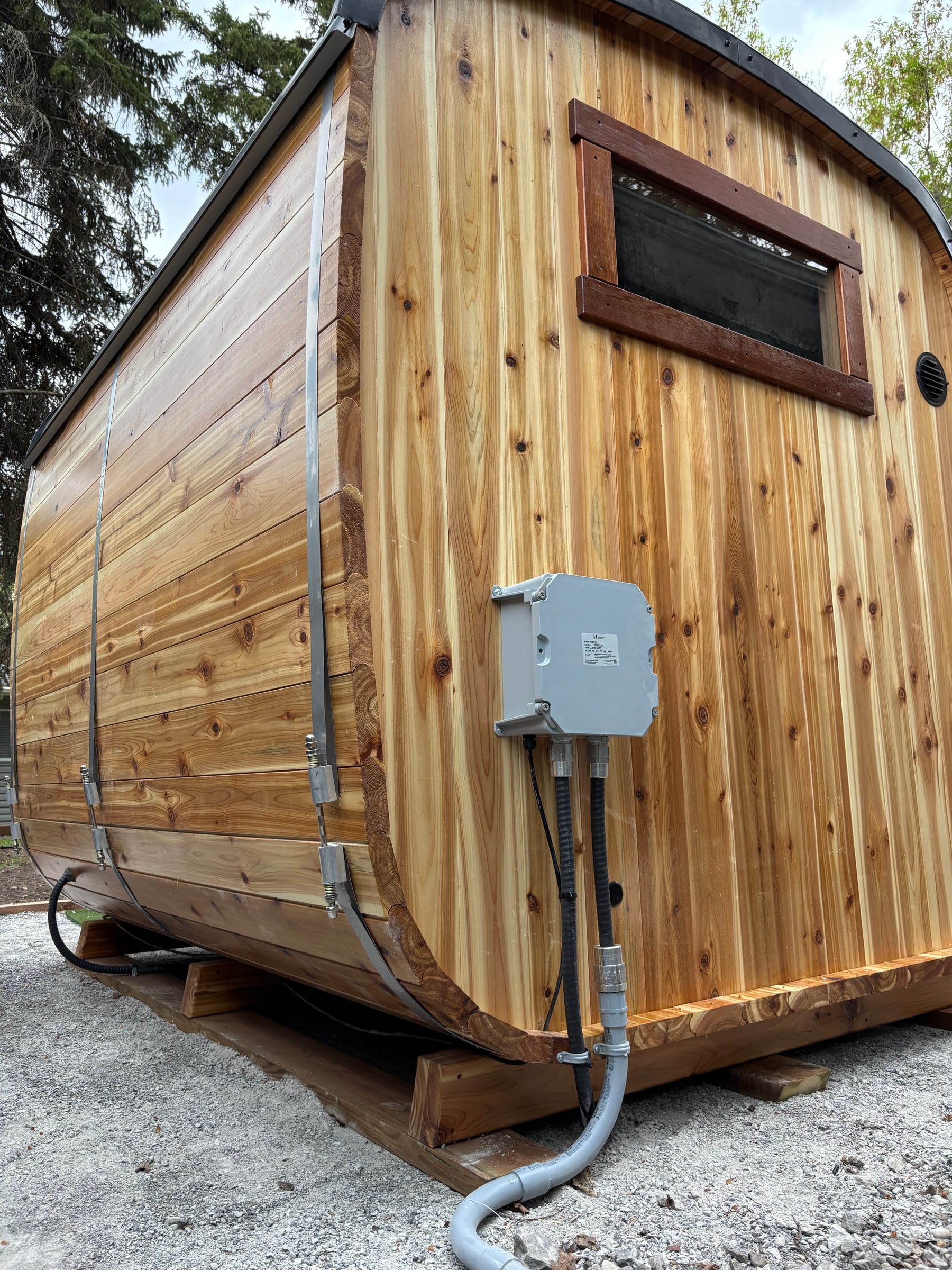 Barrel sauna with electrical disconnect wired by Call Paul Contracting, Edmonton